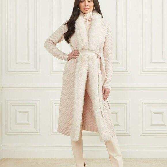 New Guess by Marciano Paula Faux Fur Trimmed Wrap Cardigan Coat With Chevron Kni - Picture 1 of 14